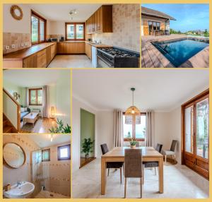 eine Collage mit Fotos von einer Küche und einem Esszimmer in der Unterkunft La Maison du Lac I Excenevex in Excenevex