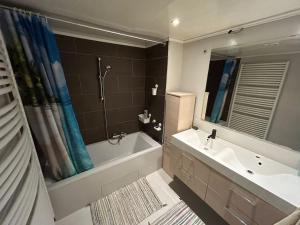 een badkamer met een bad, een wastafel en een spiegel bij Très belle appartement proche du centre de Bruxelles in Brussel +36 foto's