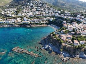 an aerial view of a beach with houses and the water at El Valles Apartment sea view in Llança