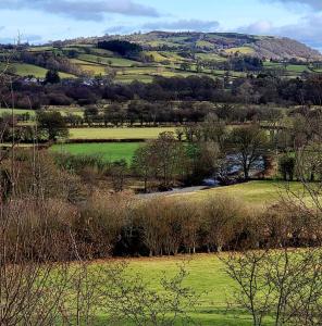 un campo verde con árboles y una montaña en el fondo en Glan yr Afon Un - Relax Recuperate Enjoy, en Welshpool 3 fotos más