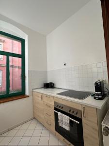 a kitchen with a sink and a stove top oven at Charmanter Altbau in Dresden +7 photos