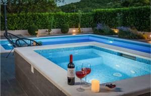 a bottle of wine and glasses next to a swimming pool at Villa Dali in Sičane +30 photos