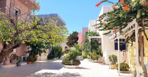 una calle vacía con plantas y árboles en una ciudad en Evina Rooms & Suites, en Kokkíni Khánion