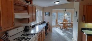 una cocina con estufa horno superior junto a una mesa en Mountain Cabin Retreat, en Florissant