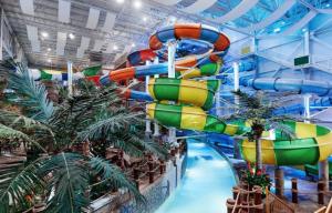 a water slide at a water park at L'intemporel - Retro Chalet with Private Lake and Hot Tub in Valcartier Station