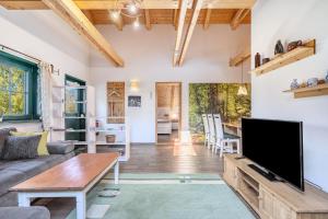 a living room with a large flat screen tv at Blockhaus - Ferienwohnung Sunset in Erdmannsdorf