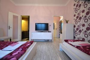 een woonkamer met 2 bedden en een televisie bij Pulse Jackquaters in Boedapest