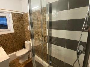 a bathroom with a toilet and a glass shower at Charmant Appartement 3 Pièces à Arette - 2 Chambres, Casiers à Skis, Parkings Gratuits - FR-1-602-26 in Arette