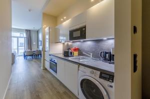 una cucina con lavatrice e lavandino di Modernes Ferienapartment Ostseemöwe mit Westbalkon a Wustrow