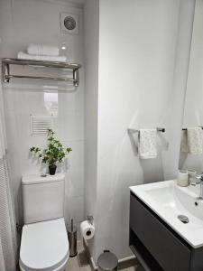 Un baño blanco con inodoro y lavabo. en Depto Mirador del Fiordo, en Puerto Natales