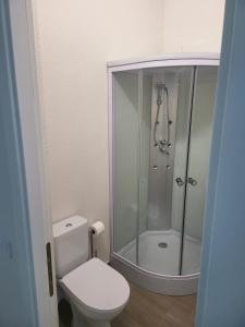 ein Badezimmer mit weißer Toilette und Dusche in der Unterkunft Guest House Eleni in Balş