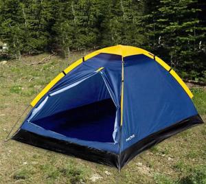 a blue and yellow tent sitting on the grass at HOSTEL QUINTAL GUEST Ubatuba - PG in Ubatuba