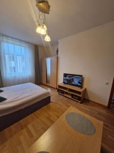 a bedroom with a bed and a flat screen tv at Lāčplēša Central Apartments in Riga