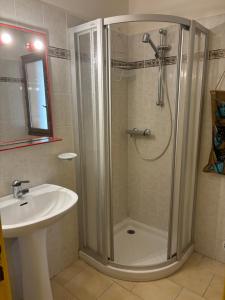 a bathroom with a shower and a sink at Appartamento con giardino a 50 m dal mare in LʼÎle-Rousse +16 photos