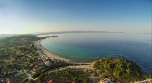 an aerial view of a beach and the ocean at Dasea Houses in Ormos Panagias