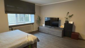 a bedroom with a flat screen tv and a bed at Mucenieku Apartamenti in Kuldīga