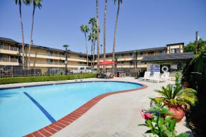 a swimming pool at a hotel with palm trees at Vagabond Inn Whittier in Whittier