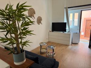 a living room with a blue couch and a potted plant at Loft - centre historique in Villefranche-sur-Mer