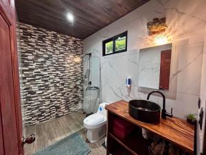 une salle de bain avec un lavabo, des toilettes et une douche dans l'établissement Monteverde Ecolove, à Monteverde Costa Rica 22 autres photos