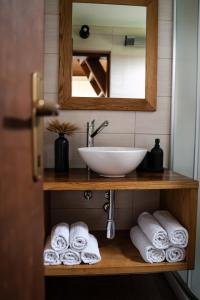 a bathroom with a sink and towels on a shelf at Countryside cottage with mountain view in Lukovica pri Domžalah