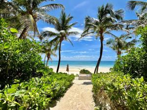 a path to the beach with palm trees at The Beach Tulum Hotel in Tulum