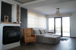 un soggiorno con divano e sedia di Alpine Blu - Horezu - Varful lui Roman - Sauna, Hot Tub & Gym a Horezu