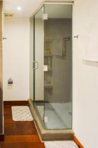 eine Dusche mit einer Glastür in einem Badezimmer in der Unterkunft Best Location - Unique And Charming Loft in Panama-Stadt