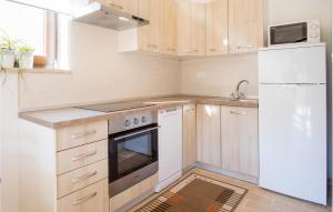 a kitchen with wooden cabinets and white appliances at 2 Bedroom Amazing Home In Sveti Vid in Sveti Vid-Miholjice