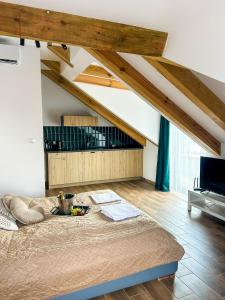 a bedroom with a large bed in a room with wooden ceilings at Aquarius Stawy 11 in Grodzisk Mazowiecki +13 photos