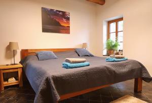 um quarto com uma cama grande com duas almofadas em Clearpoint em Hořovičky