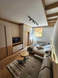 Apartment Vucko C030 Jahorina private host Aparthotel Vucko في ياهورينا: غرفة نوم بها سرير وأريكة وجهاز تلفزيون