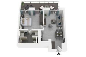 a rendering of a floor plan at Boddenzeit - Moderne Ferienwohnung mit Nordbalkon, Wellnessbereich und Nähe zum Ostseestrand in Wustrow