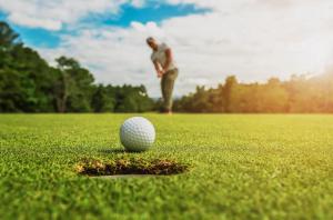a man standing next to a golf ball on a field at Landlüttje mit Terrasse in Alt Schwerin +13 photos