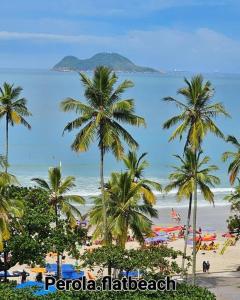 a view of a beach with palm trees and the ocean at Flat Golden Beach Pitangueiras Apartamento in Guarujá +89 photos