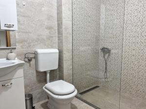a bathroom with a toilet and a glass shower at Apartment Lola in Trebinje +6 photos