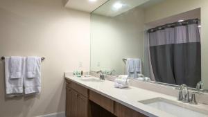 Kendal GreenSpacious Apt with Pool的带水槽和大镜子的浴室