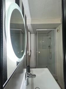 a bathroom with a sink and a mirror and a shower at Nancy Bricks Stan in Nancy