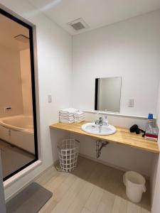 a bathroom with a sink and a mirror at HOJO Brewing & Stays - Vacation STAY 17946 in Matsuyama +2 photos