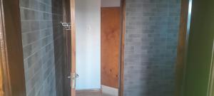 a bathroom with a shower with blue tiles and a door at City View Vacation Home in Mbarara