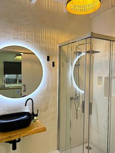 a bathroom with a shower and a mirror at Estudio Cactus in Tías
