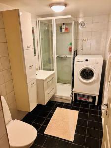 a small bathroom with a washing machine in it at Cozy 1 bedr apartment close to everything! in Tromsø