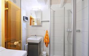 ein kleines Badezimmer mit Waschbecken und Dusche in der Unterkunft Seehund in Süssau