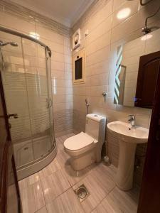 a bathroom with a shower and a toilet and a sink at مسكن التل in Medina +13 photos