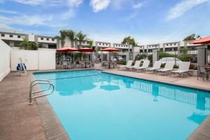 a pool at a hotel with chairs and umbrellas at Solara Inn and Suites in Anaheim