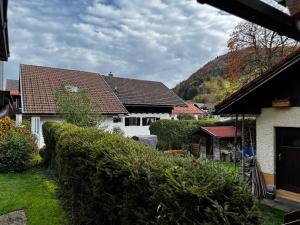ein Haus mit Hecke im Hof in der Unterkunft Ferienwohnung Linde in Oberstaufen