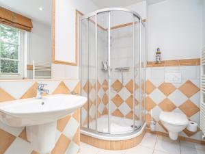 Un baño con ducha, lavabo e inodoro. en Villa Kormoran, en Dierhagen