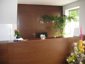 un bureau avec un comptoir de réception avec des plantes sur lui dans l'établissement El Chalet, à Cullera