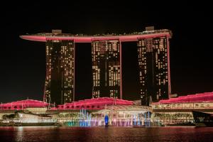 a large building with a fountain in front of it at night at Marina Bay Sands in Singapore