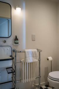 un bagno con un water, un lavandino e uno specchio di Bay Cottage a Ventnor