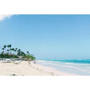 a view of a beach with palm trees and the ocean at Apartamento en Punta Cana, White sands in Punta Cana